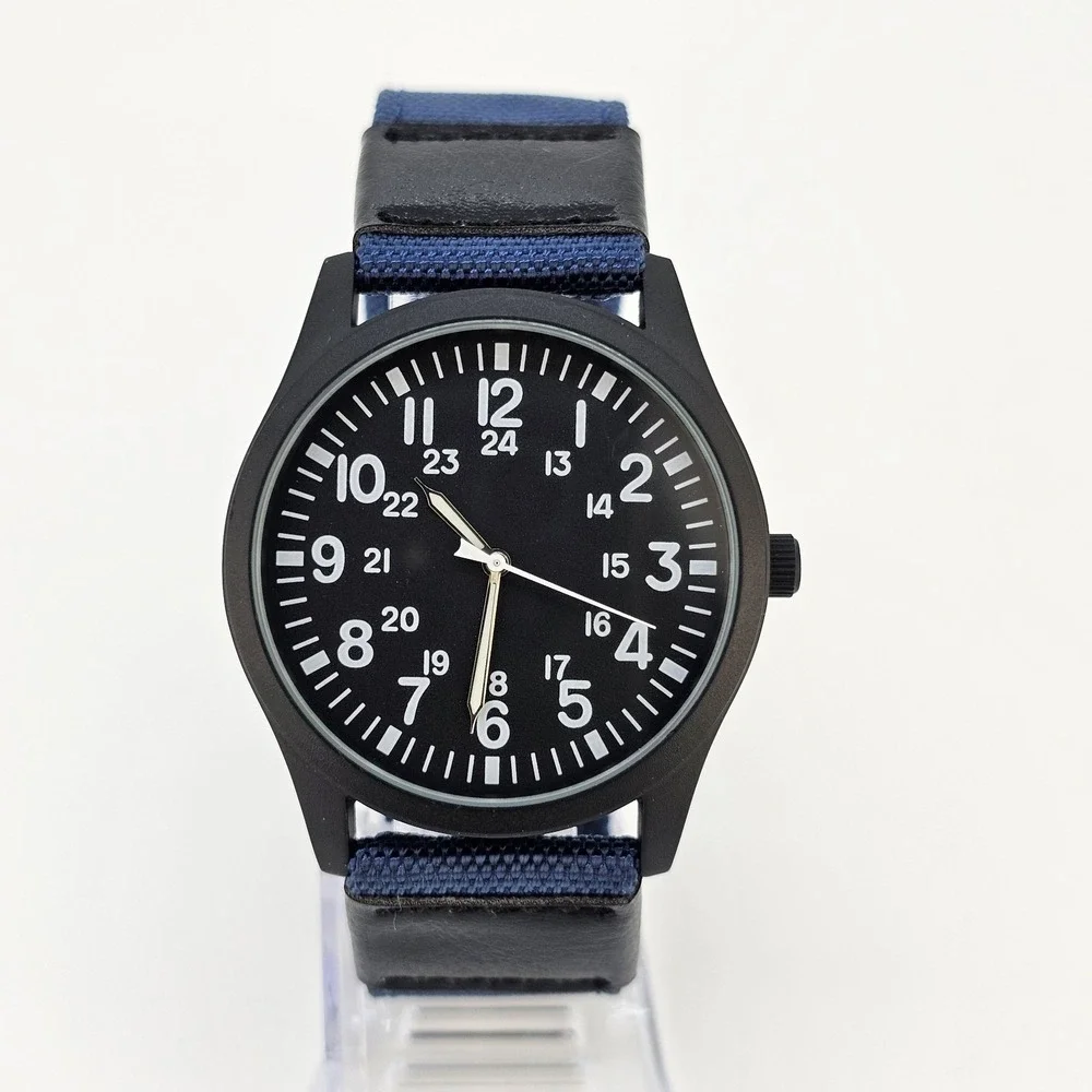 Men's‎ Field Military Watch 42MM Black Dial Dark Blue Nylon Bands New Battery